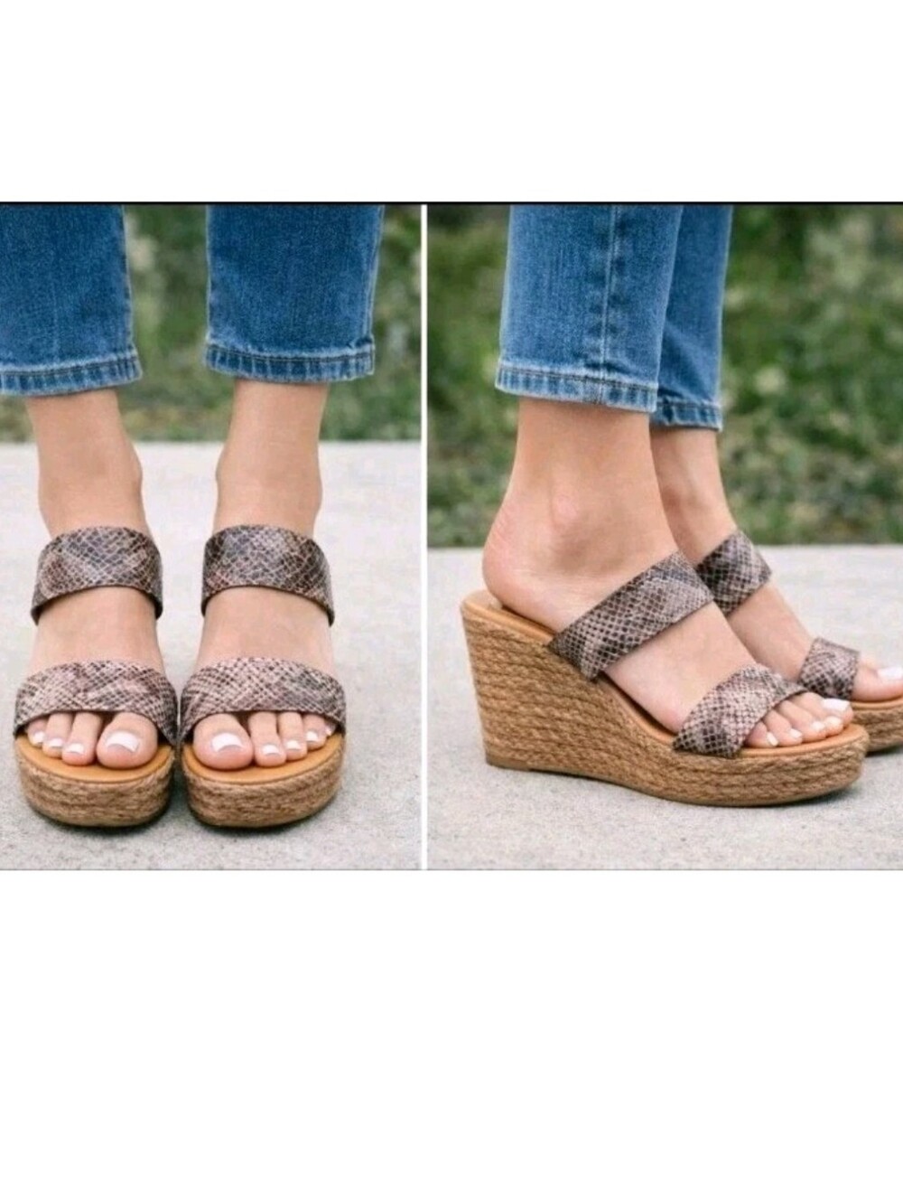 Italian Shoemakers Wedge Snakeskin Print Sandals 9 Neutral Taupe/Brown Tones